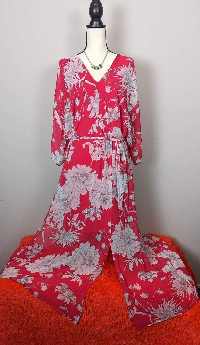 Lane Bryant Pink White Floral V Neck Short Sleeve Lightweight Belt Maxi Dress 16